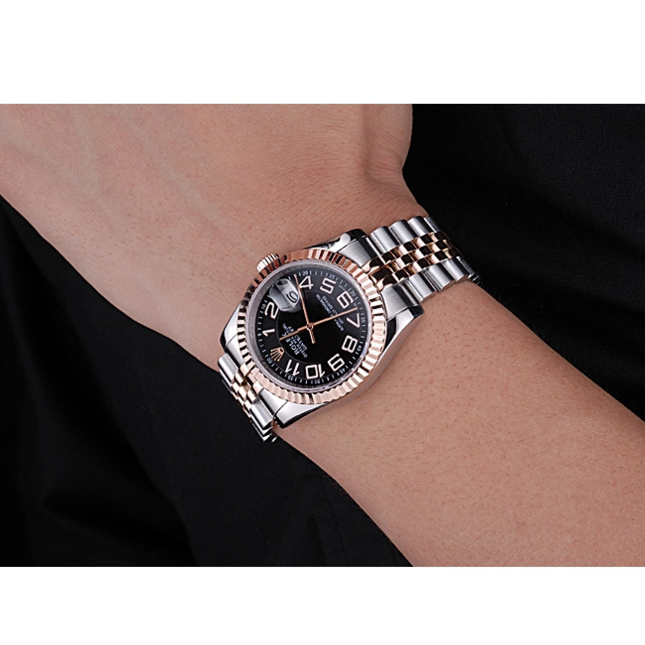 Aaa replica watch Steel DateJust Rolex Black Stainless and Dial Gold Bracelet 622545 0709